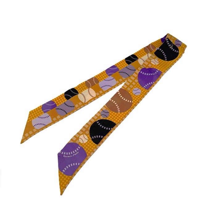 Hermes Twilly Silk Scarf Orange Tennis Ball Motif 83cm Used