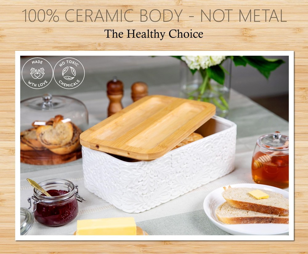 Engraved Ceramic Bread Box for Kitchen Countertop - Multipurpose Bread Storag...