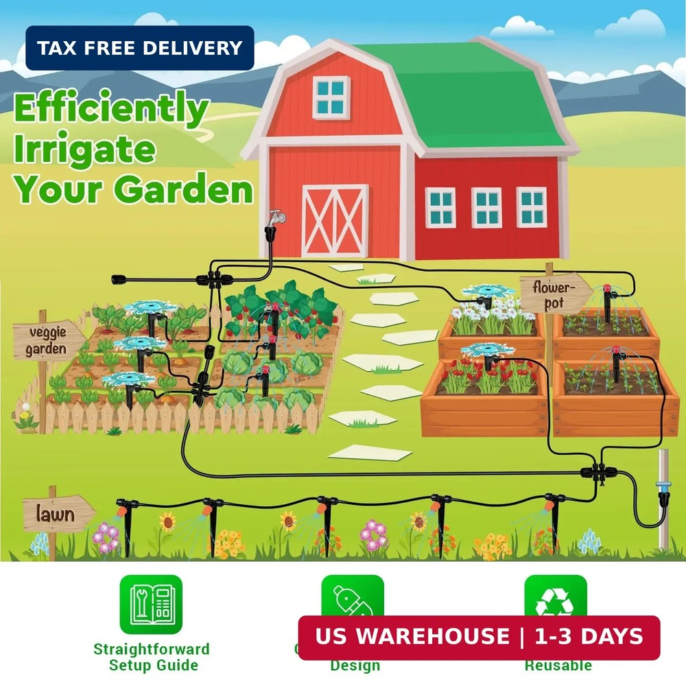 223FT Drip Irrigation Kit, Drip Irrigation System Kit with Adjustable Misting No