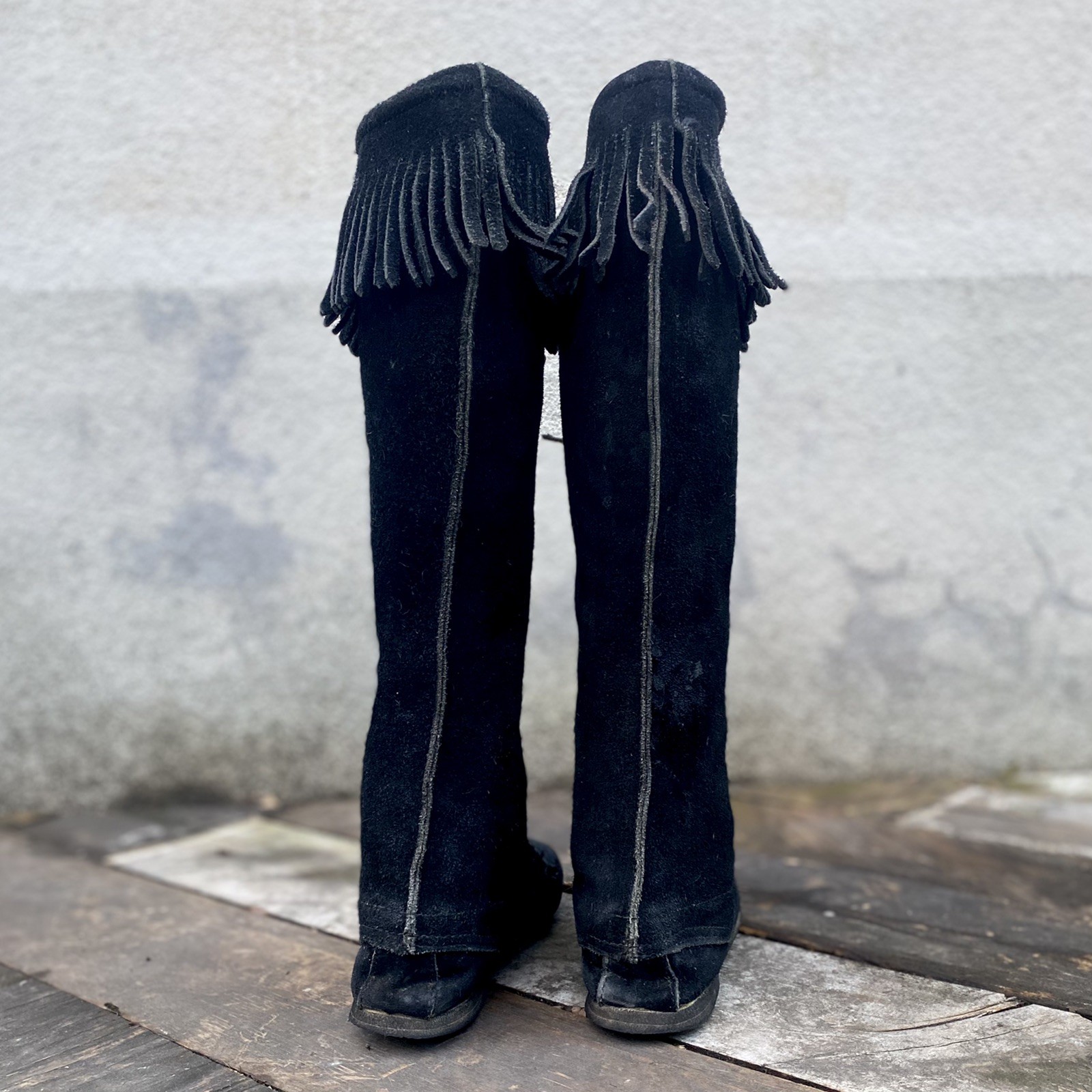 Vintage 1950s Native American Sioux Black Suede Knee High Fringe Boots Moccasins