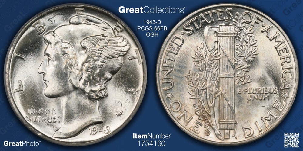 1943-D Mercury Dime graded PCGS MS66FB OGH .... Bright White!!
