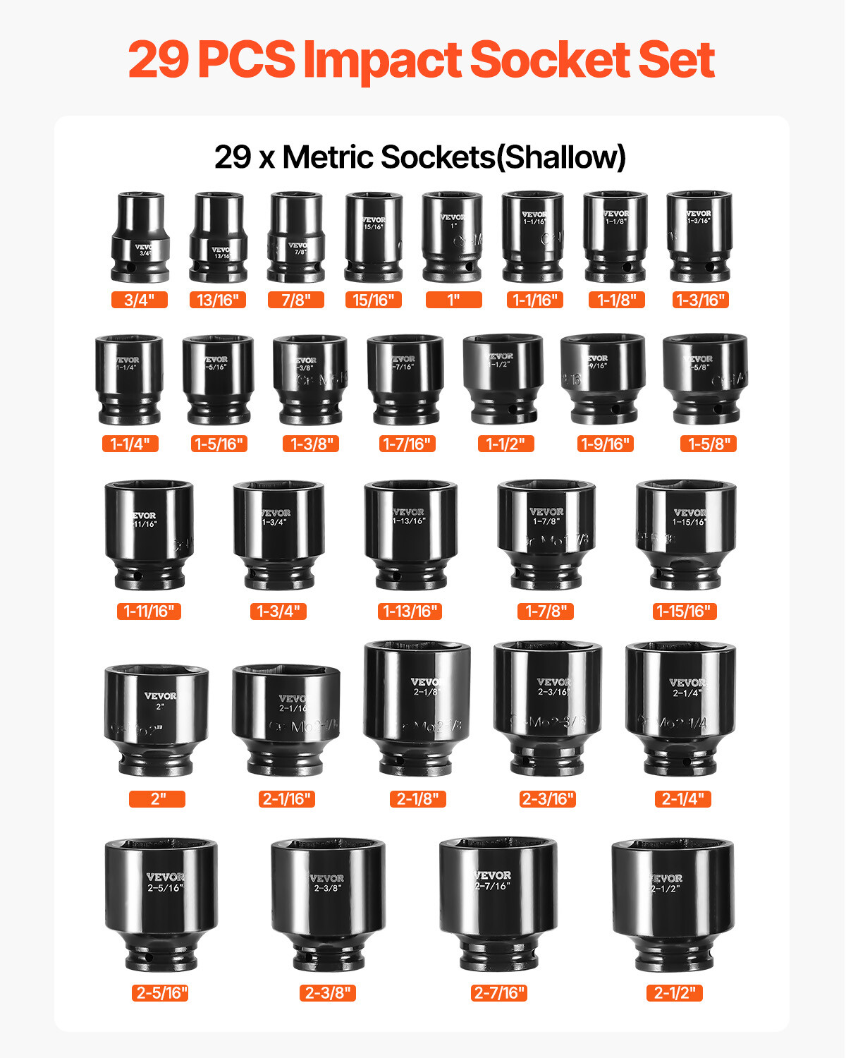Impact Socket Set 29 PCs 3/4" Drive 6 Point SAE Master 3/4 inch - 2-1/2 inch
