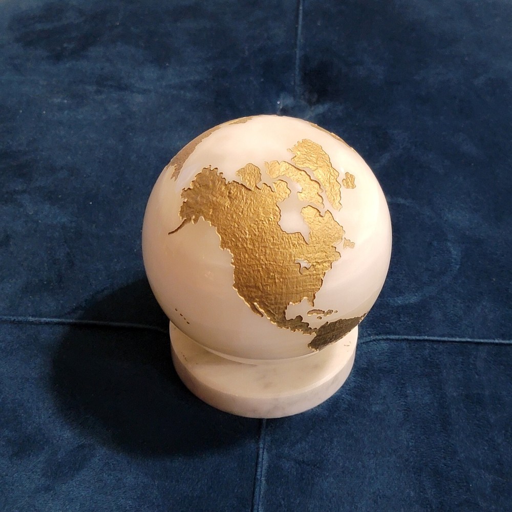Maitland Smith Marble Stone Globe Solid White Gold With Aftermarket Base