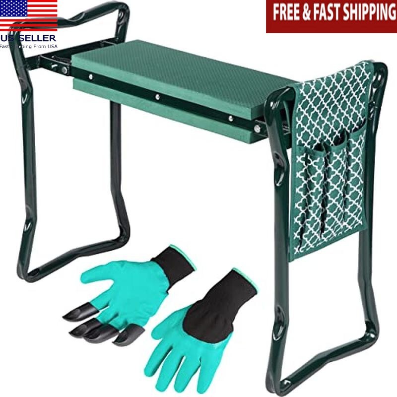 Folding Garden Stool Metal Frame Rectangular Cushion W/ Side Tool Pouch & Gloves