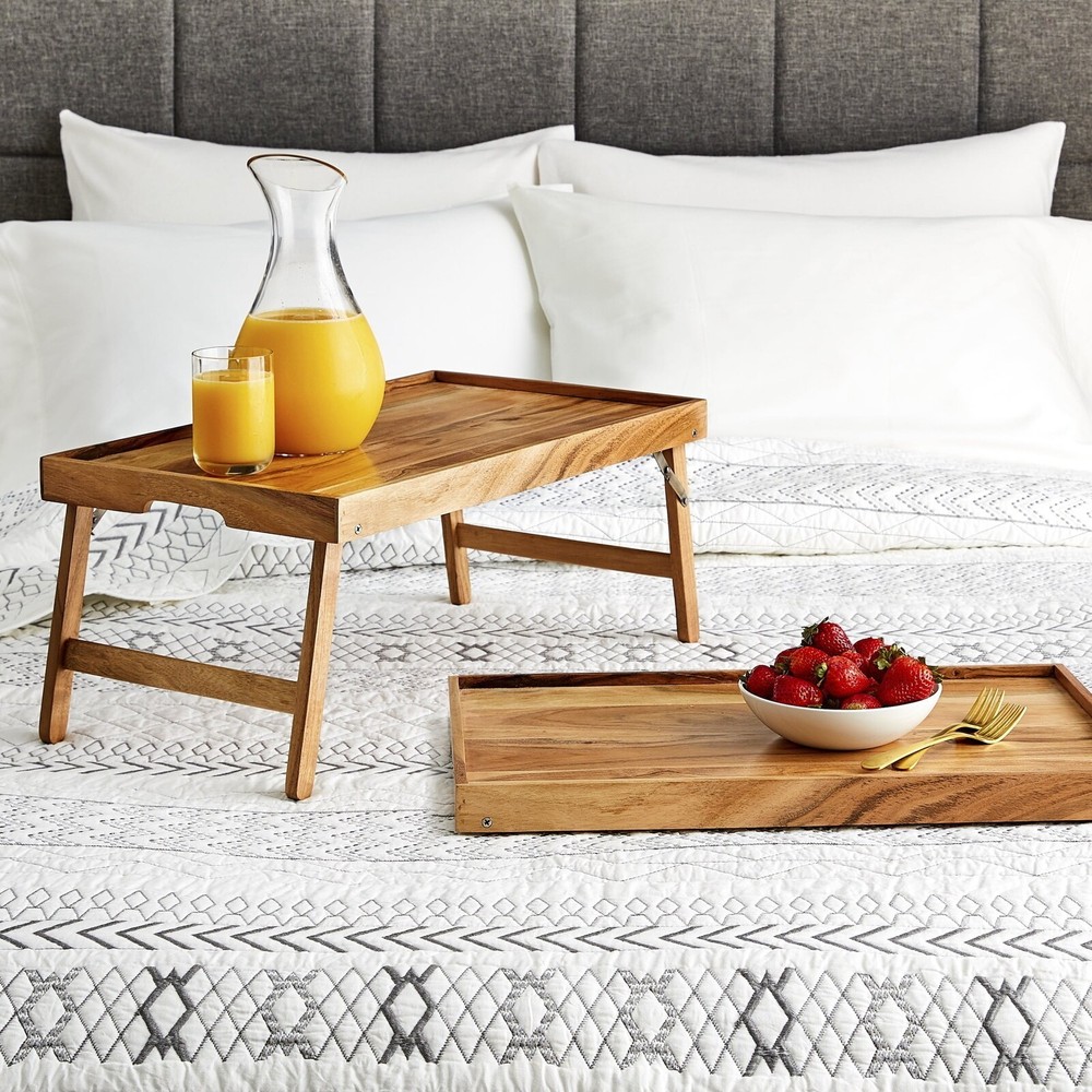 Acacia Wood Rectangular Bed Tray with Stand Serve Breakfast Everyday Display