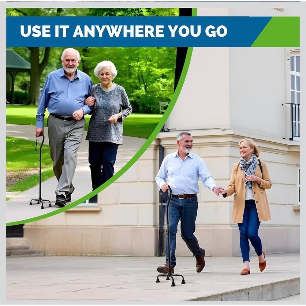 Quad Cane Walking Stick Adjustable Lightweight 4 Prong Base Black