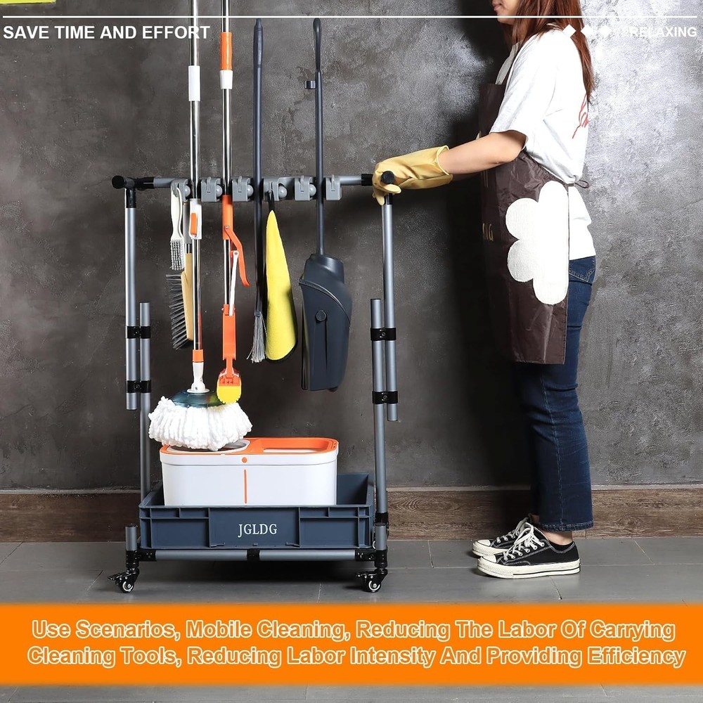 Freestanding Mobile Cleaning Tool Rack with Hooks - Rust Resistant Design