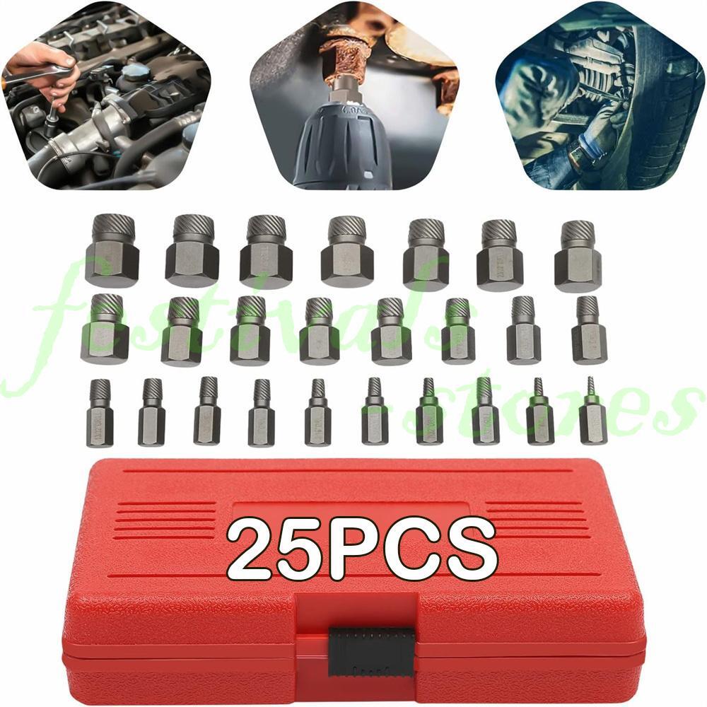 25 PC Multi-Spline Screw Extractor Set Hex Head Bit Socket Wrench Bolt Remover