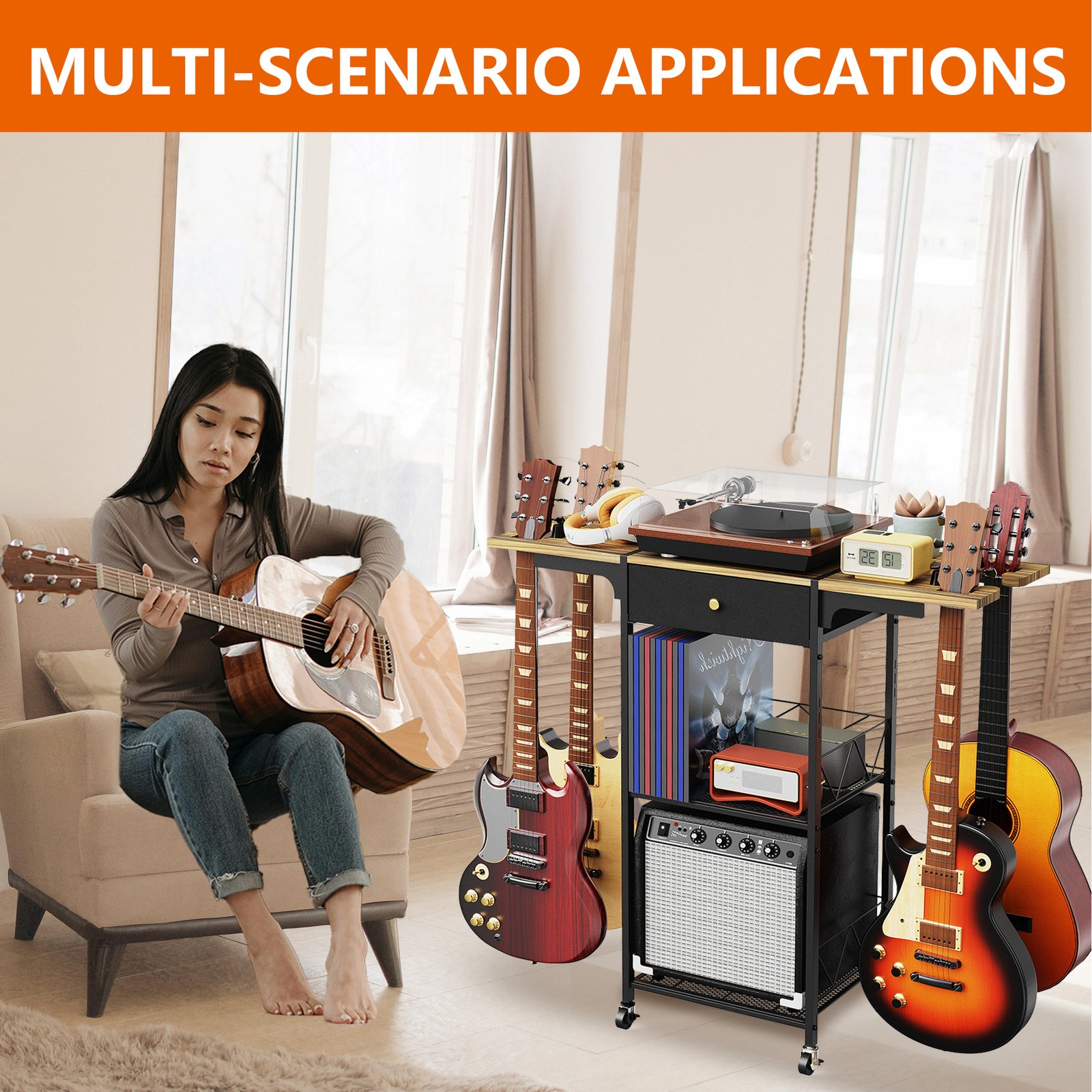 3-Tier Multi Guitar Stand with 4 Guitar Holder & Wheel,3-In-1 Floor Guitar Rack