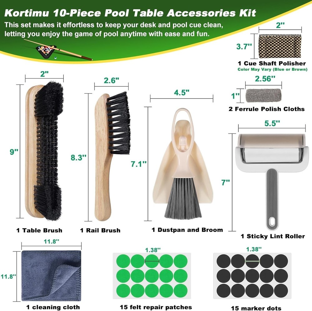 10PC Billiard Pool Table Accessories Kit with Brushes Cloths & Repair Set