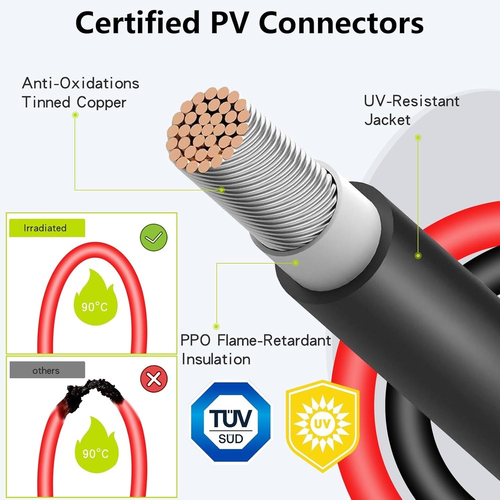 Solar Extension Cable 20Ft 10AWG, Wire with 20FT, Both ends installed