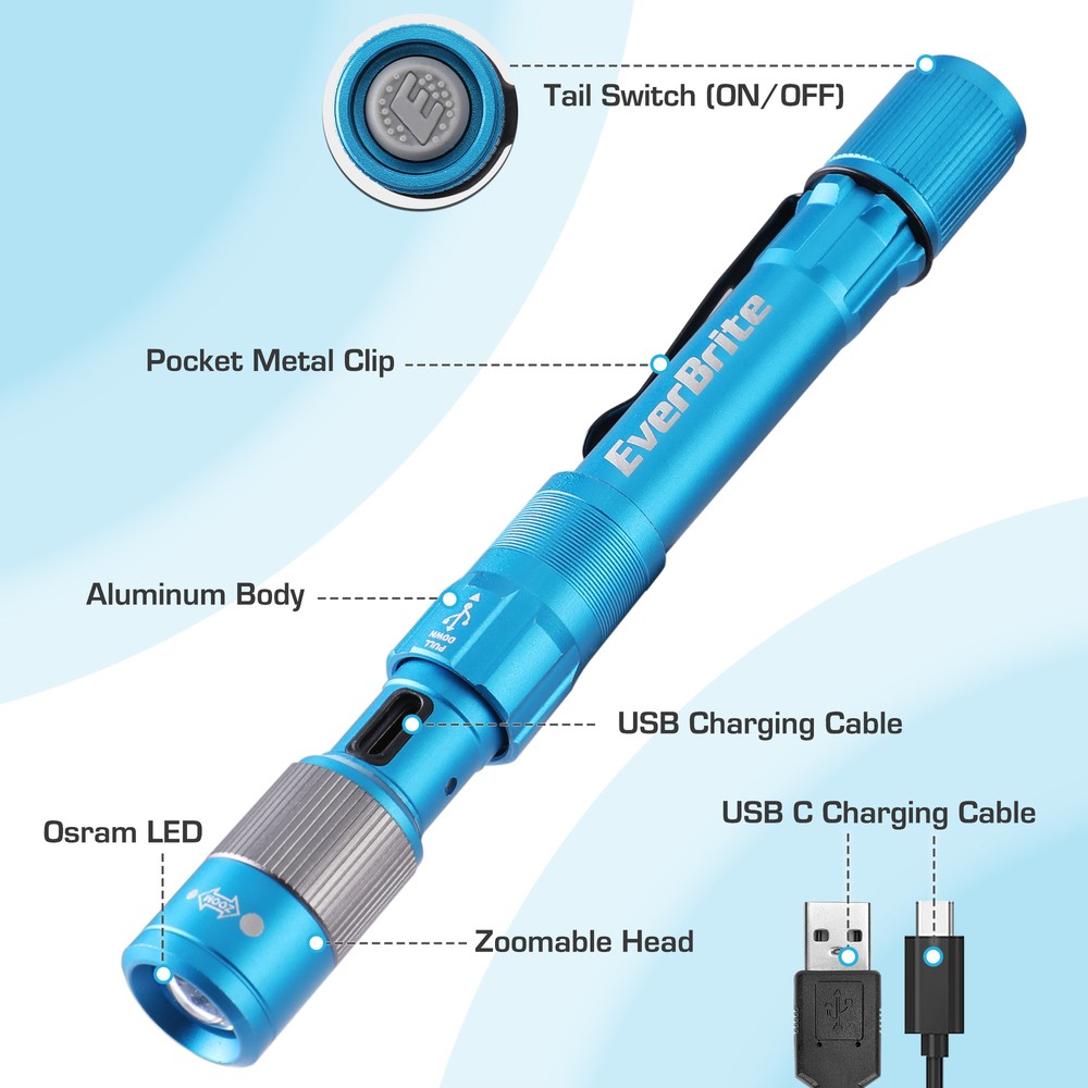 Pen Light Rechargeable 300 Lumens Zoomable LED w/Clip Memory Function Blue