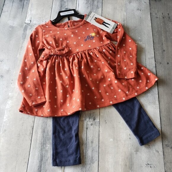 NWT - Lucky Brand 2 Piece Burnt Orange Floral Top with Denim Looking Leggings 3T