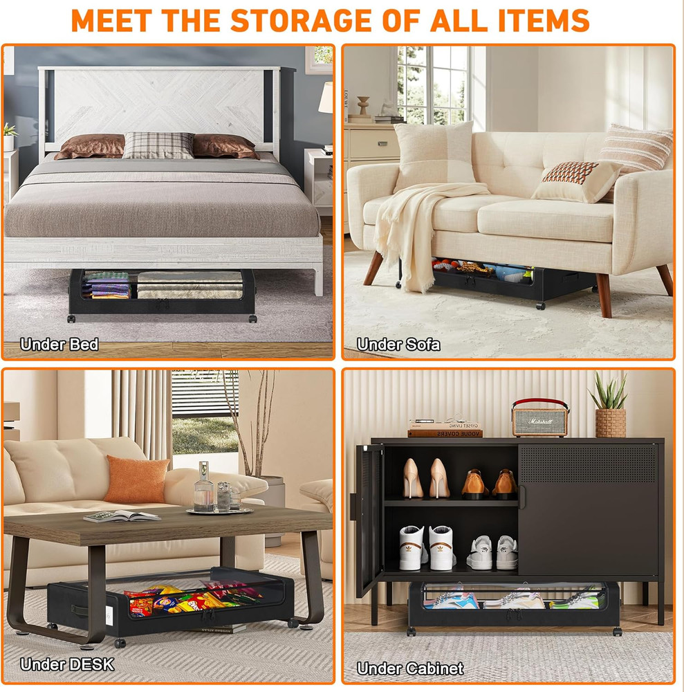 Under Bed Storage with Wheels, 2 Pack under Bed Storage Containers with Dividers