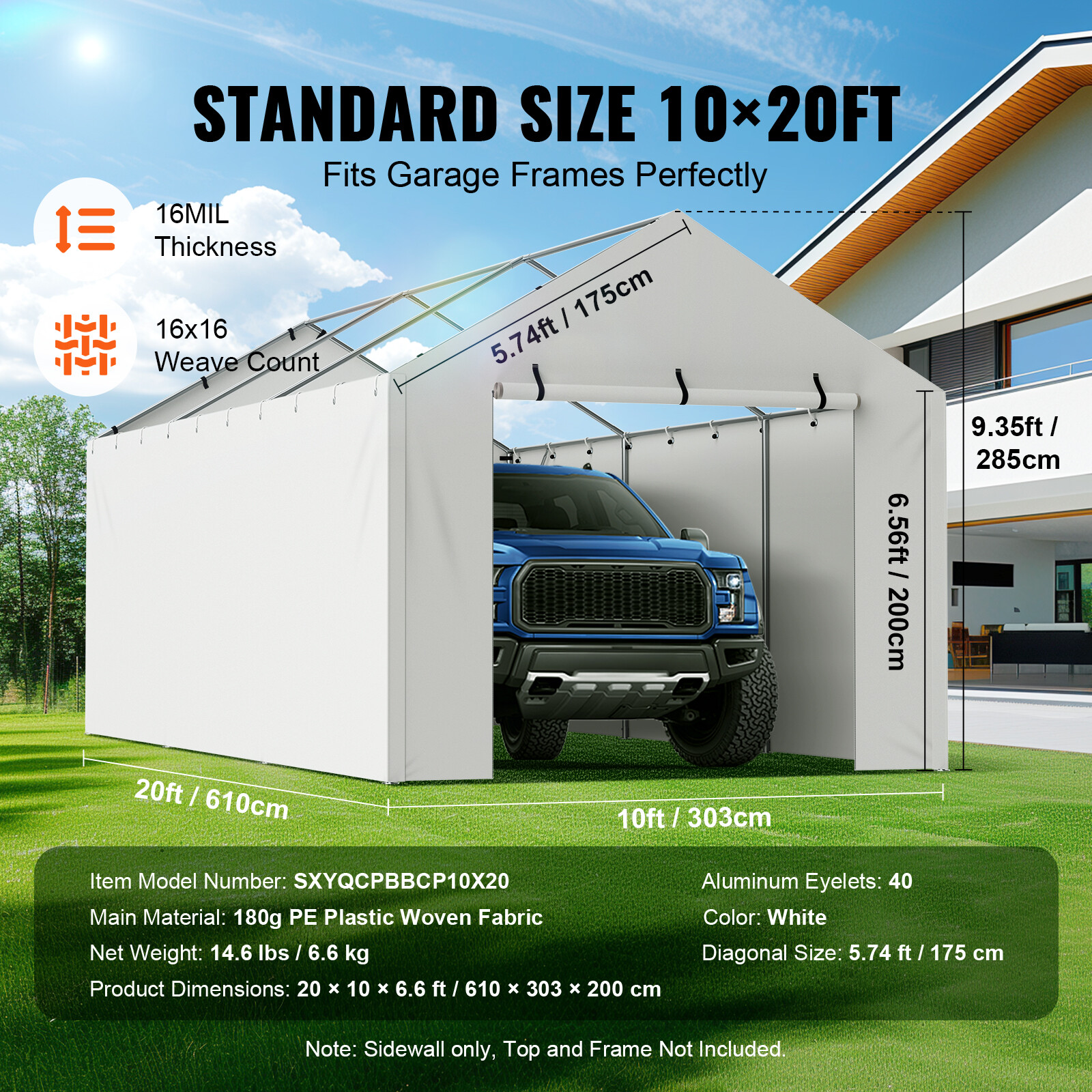VEVOR Carport Replacement Canopy Car Shelter Side Wall Tent 10 x 20 ft White