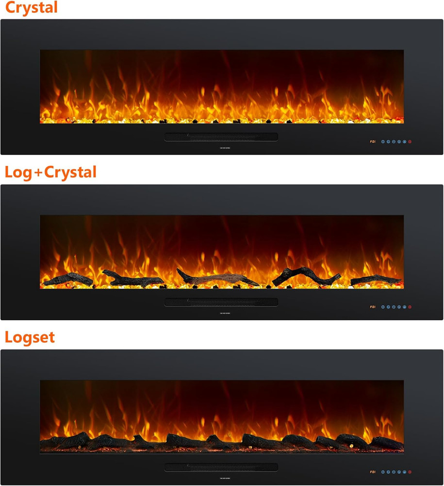 60" Wall-Mounted Electric Fireplace with Remote, Timer & Adjustable Flame Color