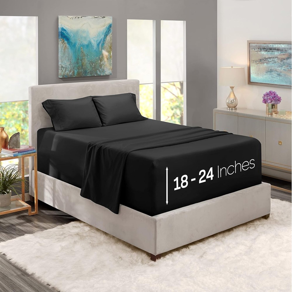 Queen Size Sheet Set 4 Piece Extra Deep Pocket 18-24 inches Microfiber Cooling