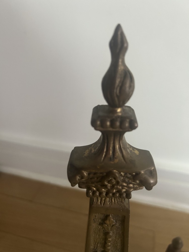 Solid Brass Antique Andirons, About 16" tall; highly ornate