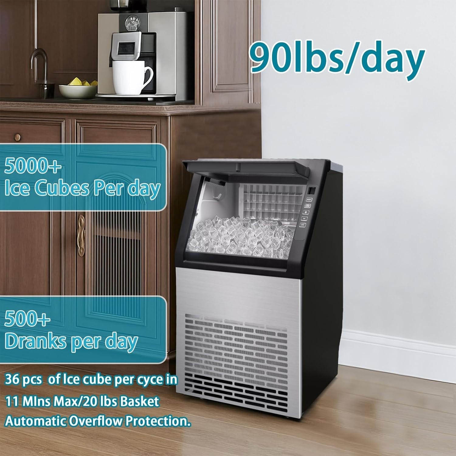 Commercial Ice Maker Machine 90Lbs/24H, Stainless Steel Undercounter Ice Maker