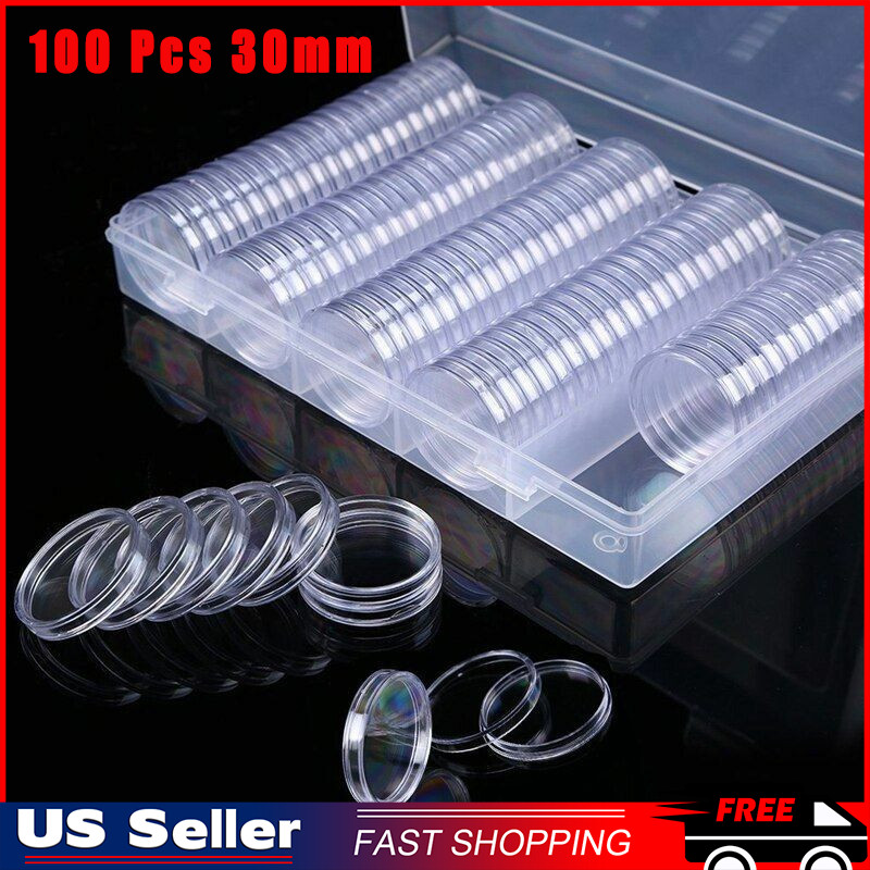 100 Pcs 30mm Clear Coin Capsule Round Plastic Holder Container Storage Box Case