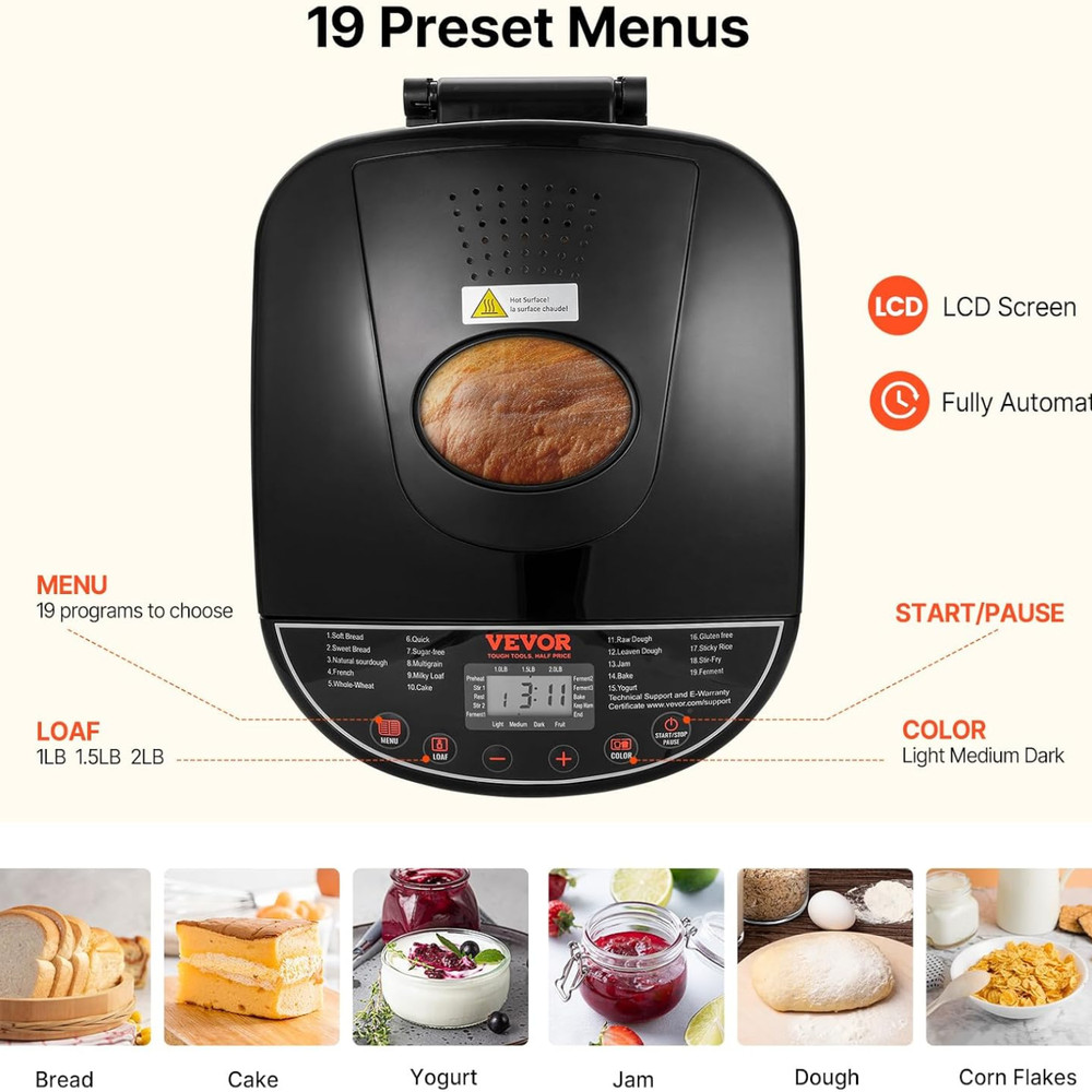 Bread Maker, 19-in-1 2LB Dough Machine, Nonstick Ceramic Pan Automatic Breadmake