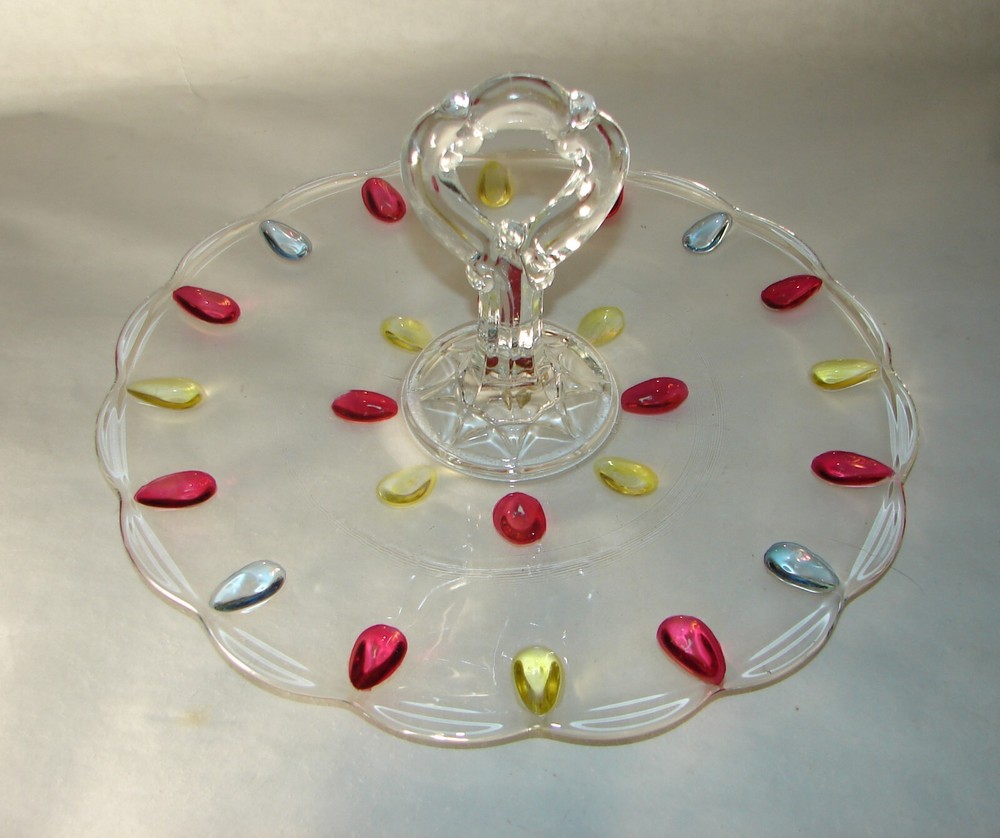 MCM Indiana Glass Teardrop Ruby Red Yelow Flashed Tray Center Handle