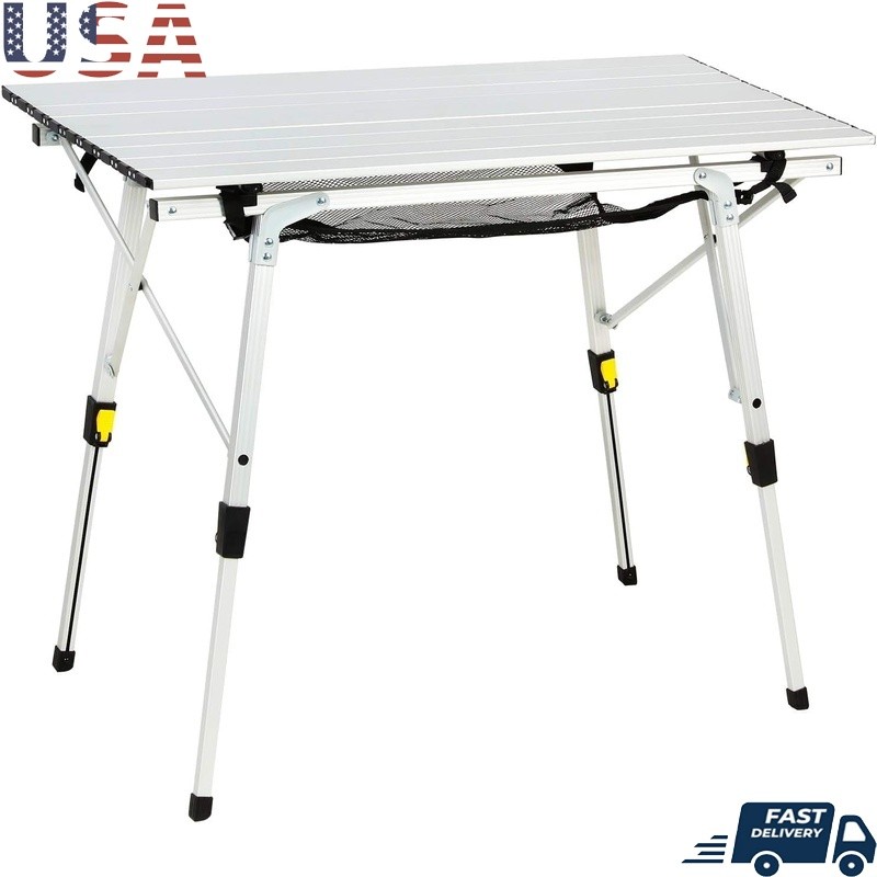 Adjustable Folding Camping Table W/ Storage Mesh Quick Setup Telescoping Legs US