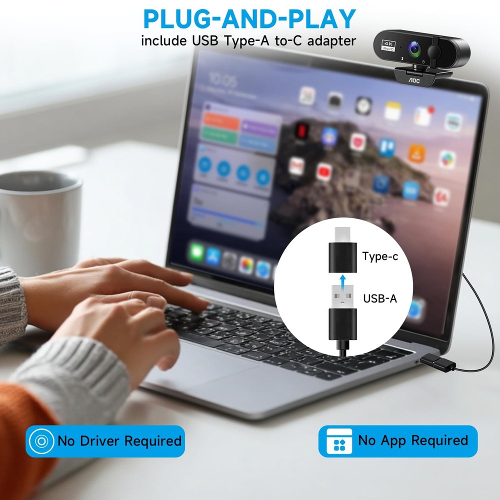 AOC 4k Webcam for PC with Microphone, Computer Camera Noise Black