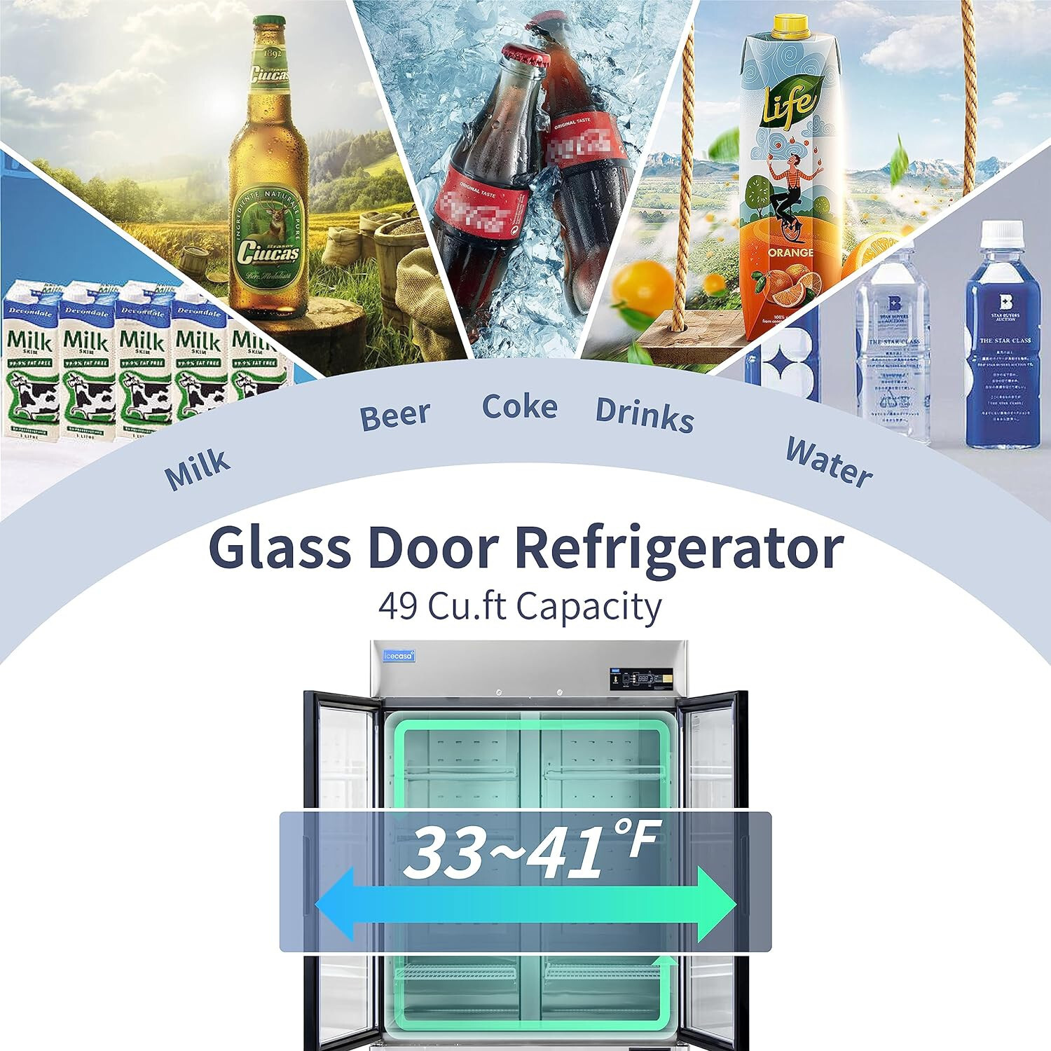 54" Commercial Glass Door Refrigerator, 2 Door Reach-In Merchandiser 49 Cu.ft