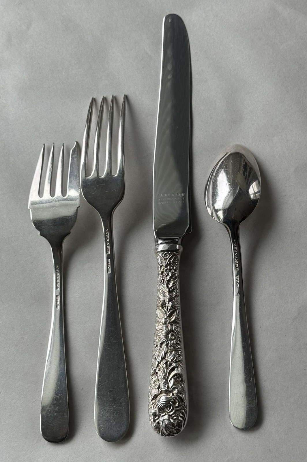 Vintage Kirk & Son Repoussé 4-Pc Place Setting Sterling Flatware Repousse