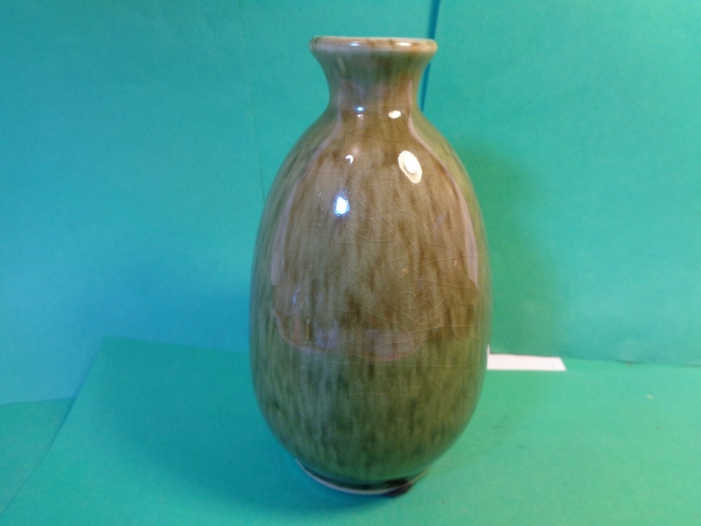 Pottery 5 1/2" Bud Vase, Green Glaze Pattern, Signed (Used/EUC)