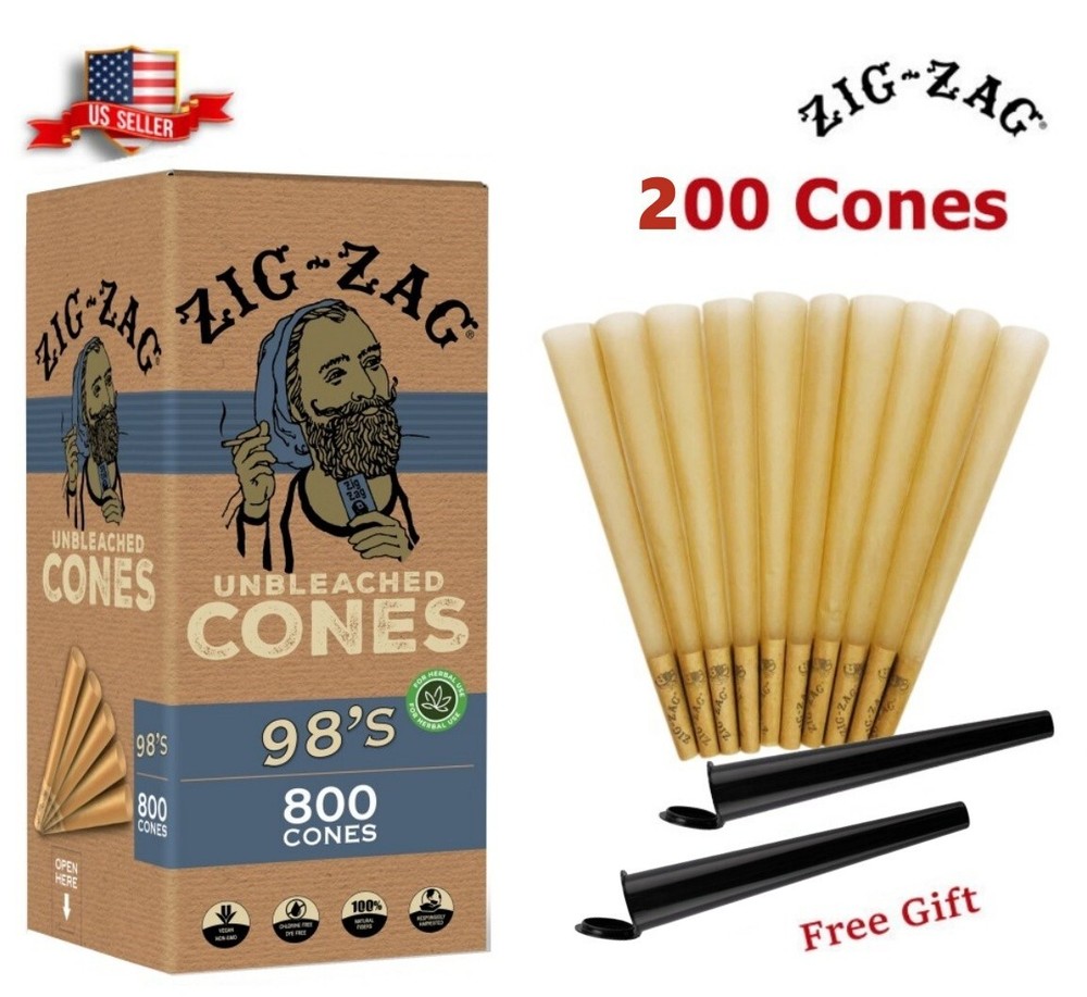 Zig-Zag® Unbleached Paper Cones 98mm Size 200 Pack & Free 2 Tubes
