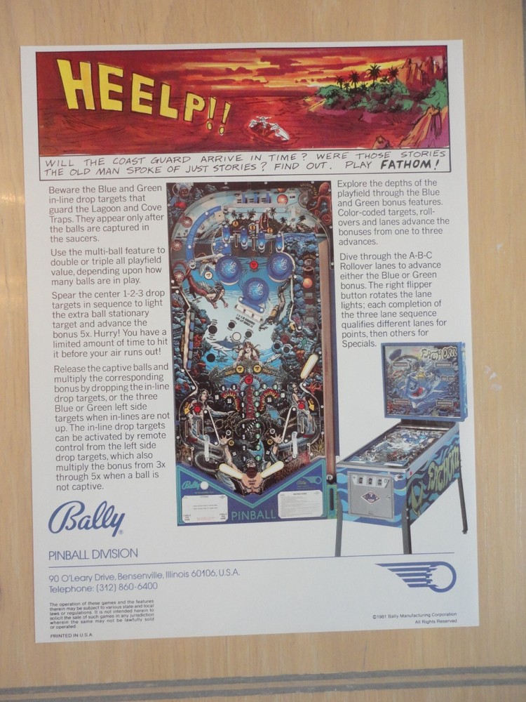 Fathom Pinball Machine Flyer Bally Original Rare Brochure
