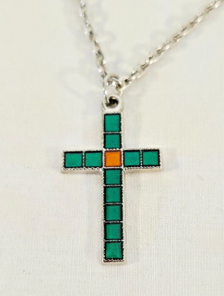 Vintage Cross Green & Orange Enamel 18" Link Chain White Tone