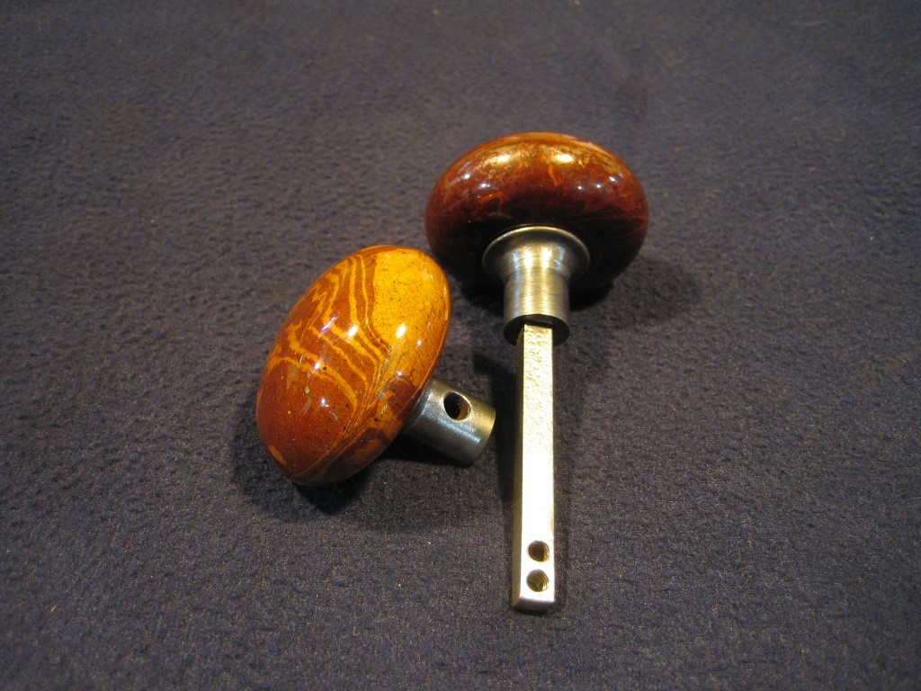 Pair Antique Brown Marble Swirl Tiger Eye Bennington Porcelain Door Knobs 1890's