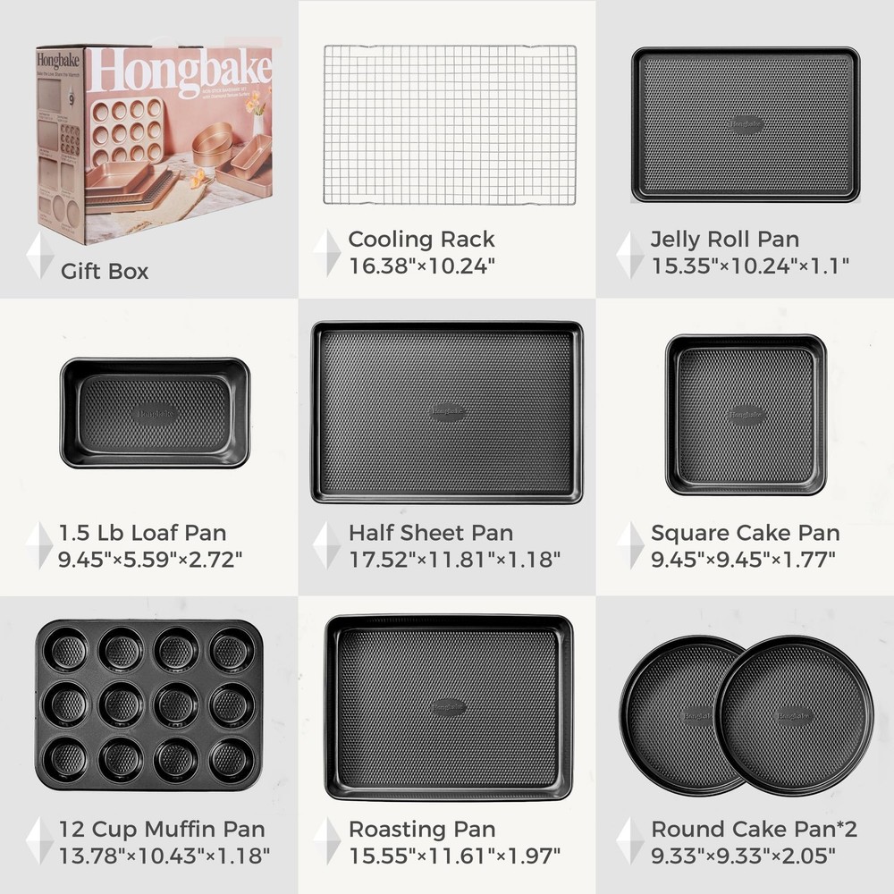 9-Piece Baking Pans Set Nonstick, Stackable Non Toxic Bakeware Sets with Diam...