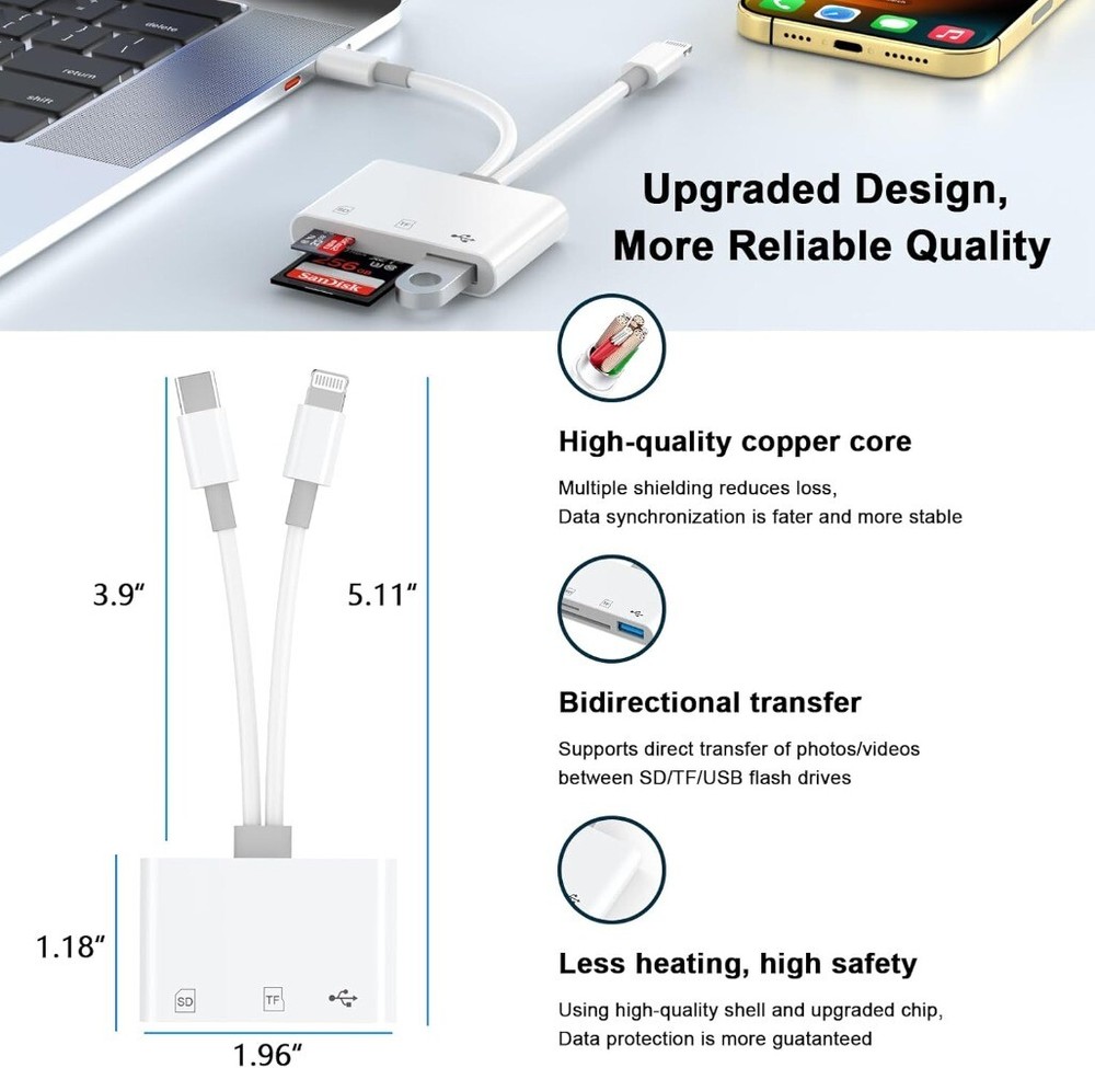 Memory Card Reader - USB C & Lightning to SD/TF/OTG for Micro SD/SDHC/MMC