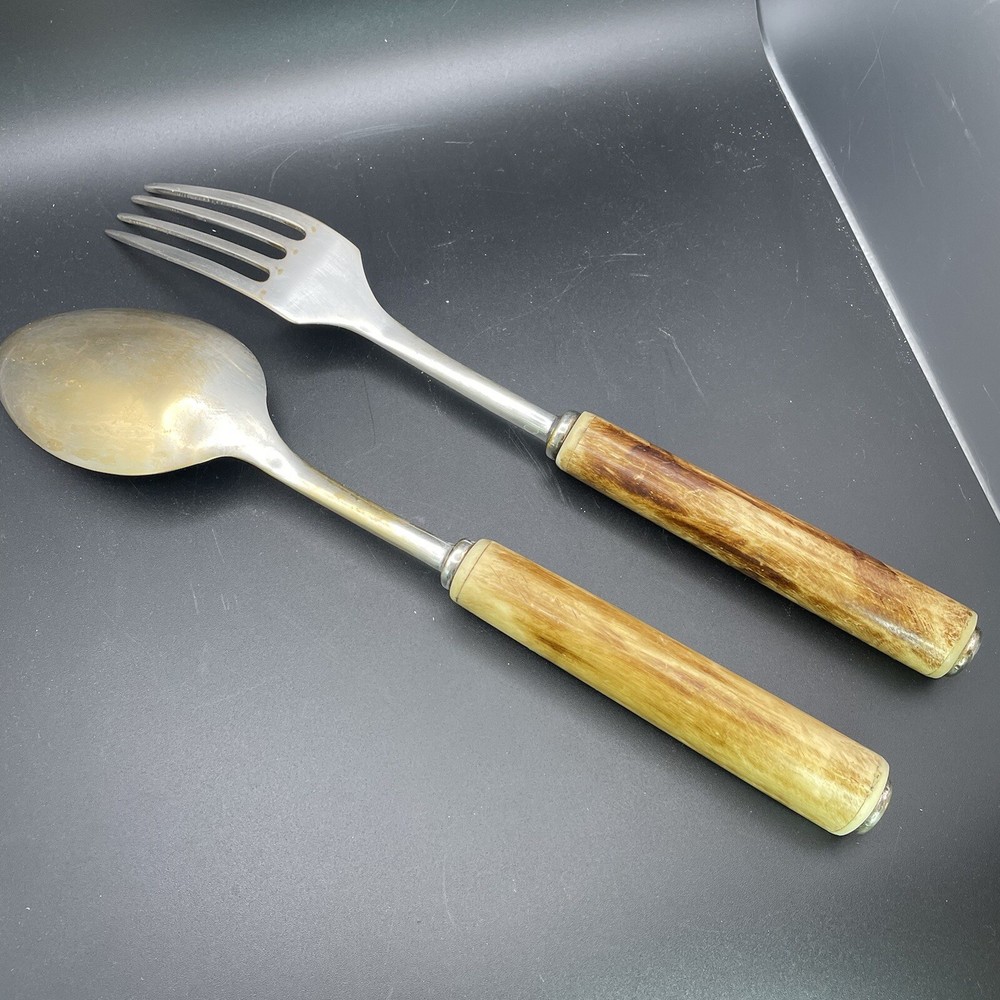 faux bone Wood handle serving fork spoon Plastic? Bakelite? Celluloid?
