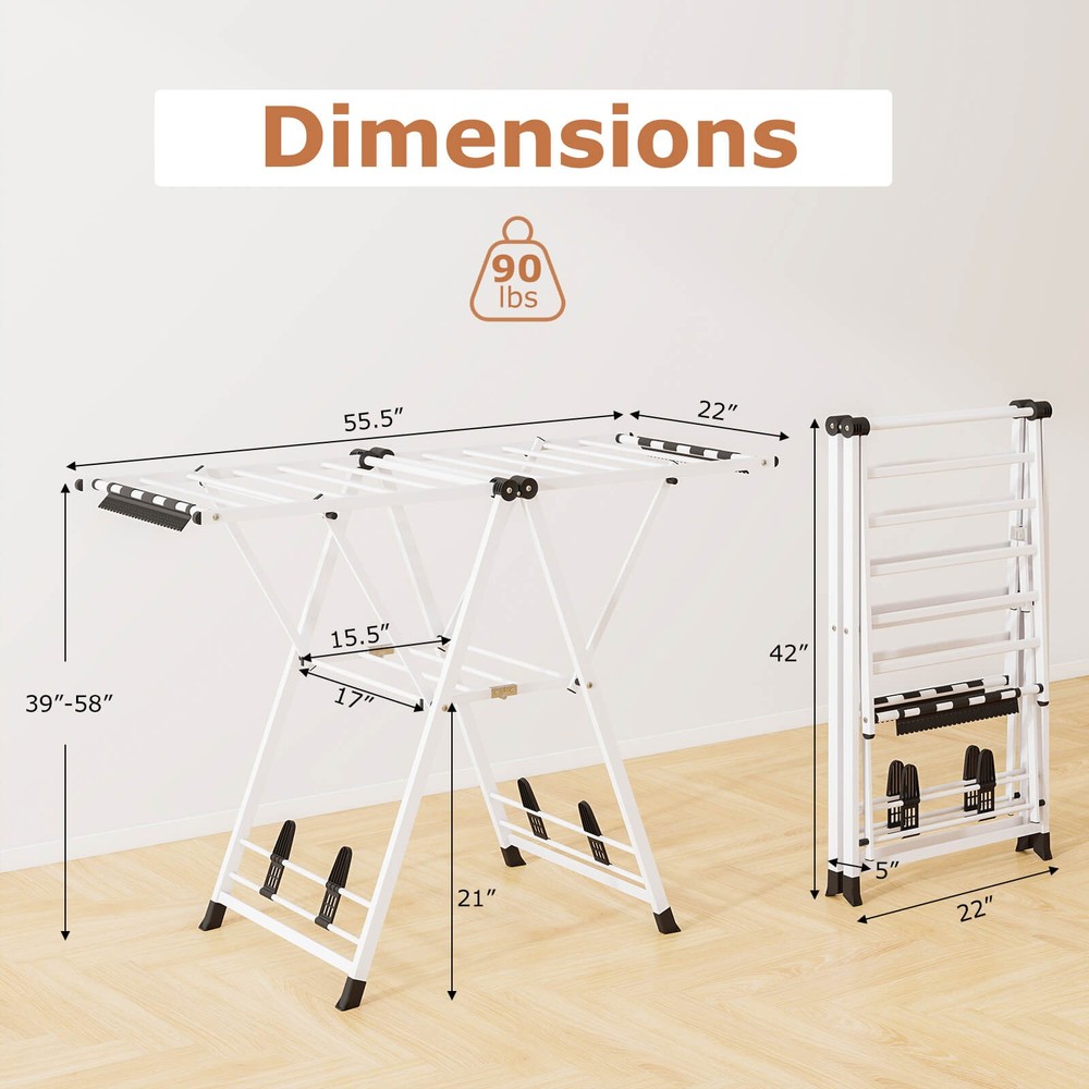 Foldable Metal Laundry Drying Rack w/Height Adjustable Wings, 16 Drying Rails