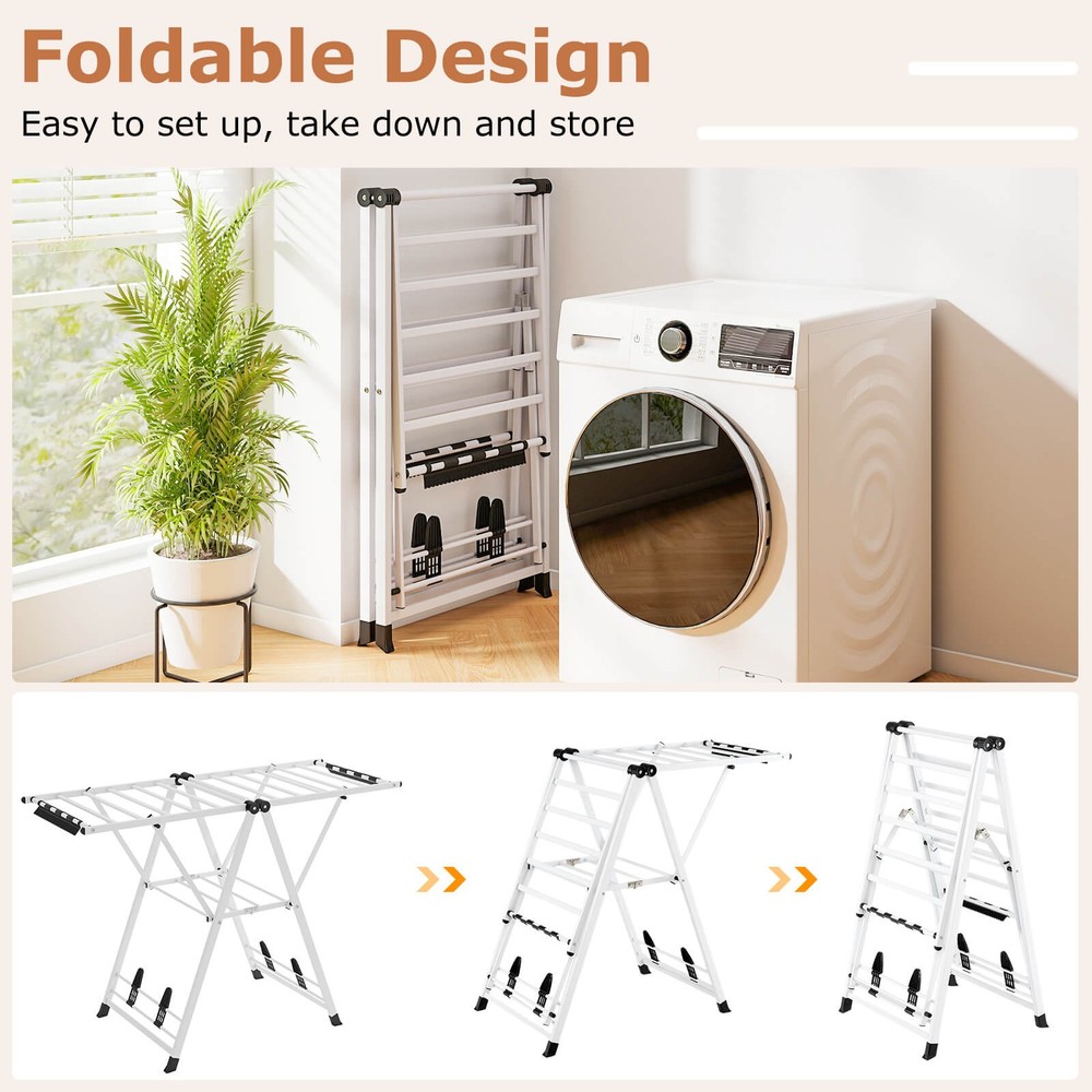 Foldable Metal Laundry Drying Rack w/Height Adjustable Wings, 16 Drying Rails