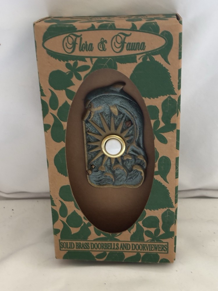 Vintage Brass Dolphin Door Ring Bell Mountable Sun Rays & Sea Waves. *UNOPENED*