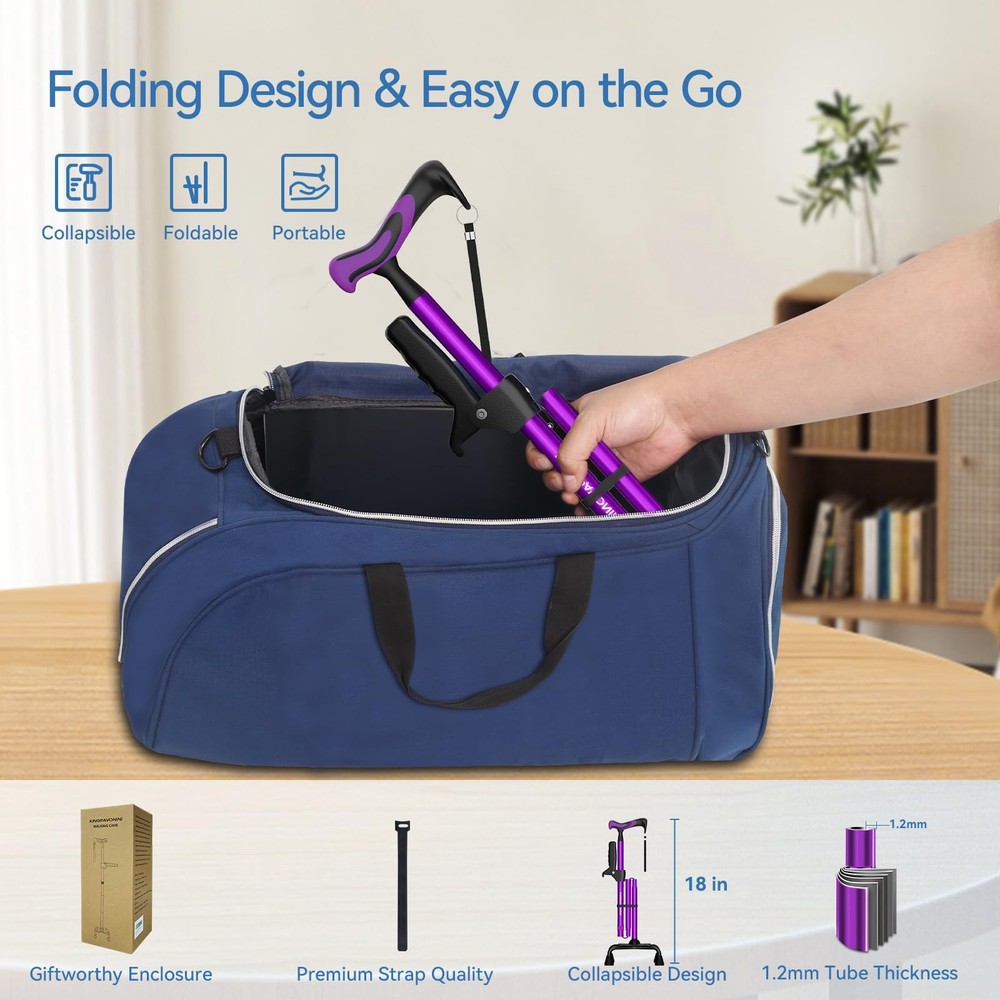 Walking Cane For Women Men Second Handle Foldable Adjustable Quad 4Pronged