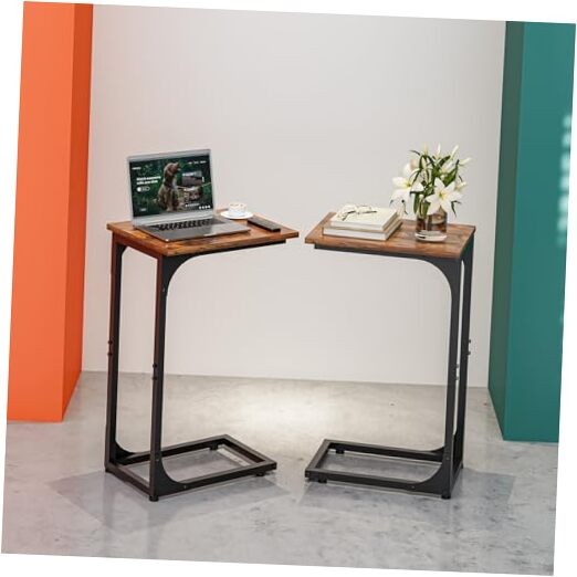 C-Shaped Side Table for Couch - 2-Pack Rustic Walnut Without Power Outlets