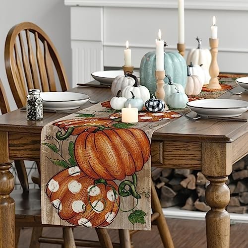 Polka Dot Pumpkins Vine Fall Table Runner, 13" x 72", Table Runner Wood
