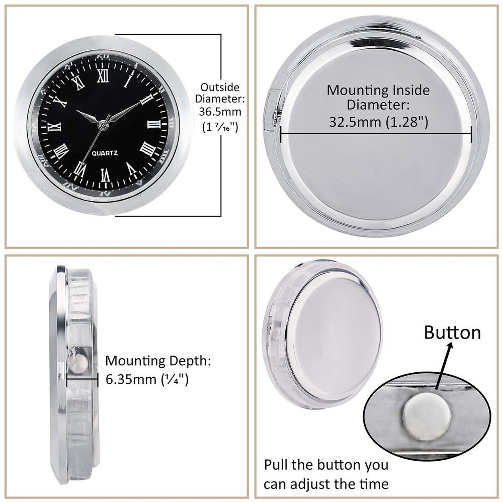 ShoppeWatch Mini Clock Insert 1 7/16" (35mm) Quartz 35mm, Silver / Black