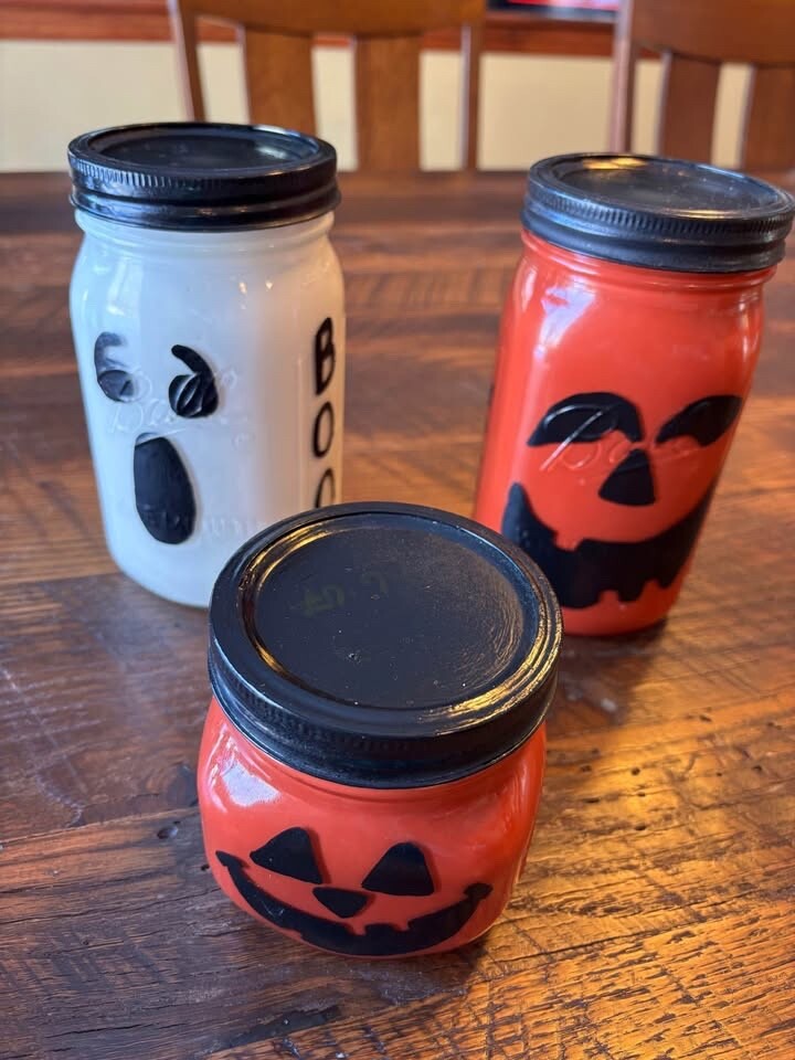 2 Pumpkins & 1 Ghost Painted Ball Jars
