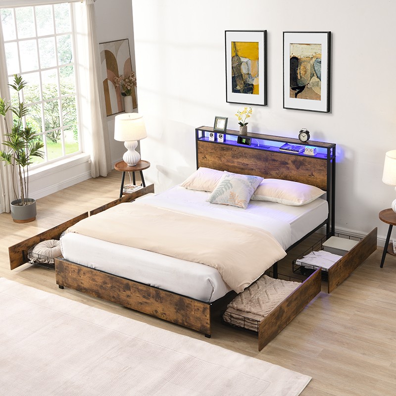 Queen Size Bed Frame w/ Storage Headboard &Charging Station &LED Light