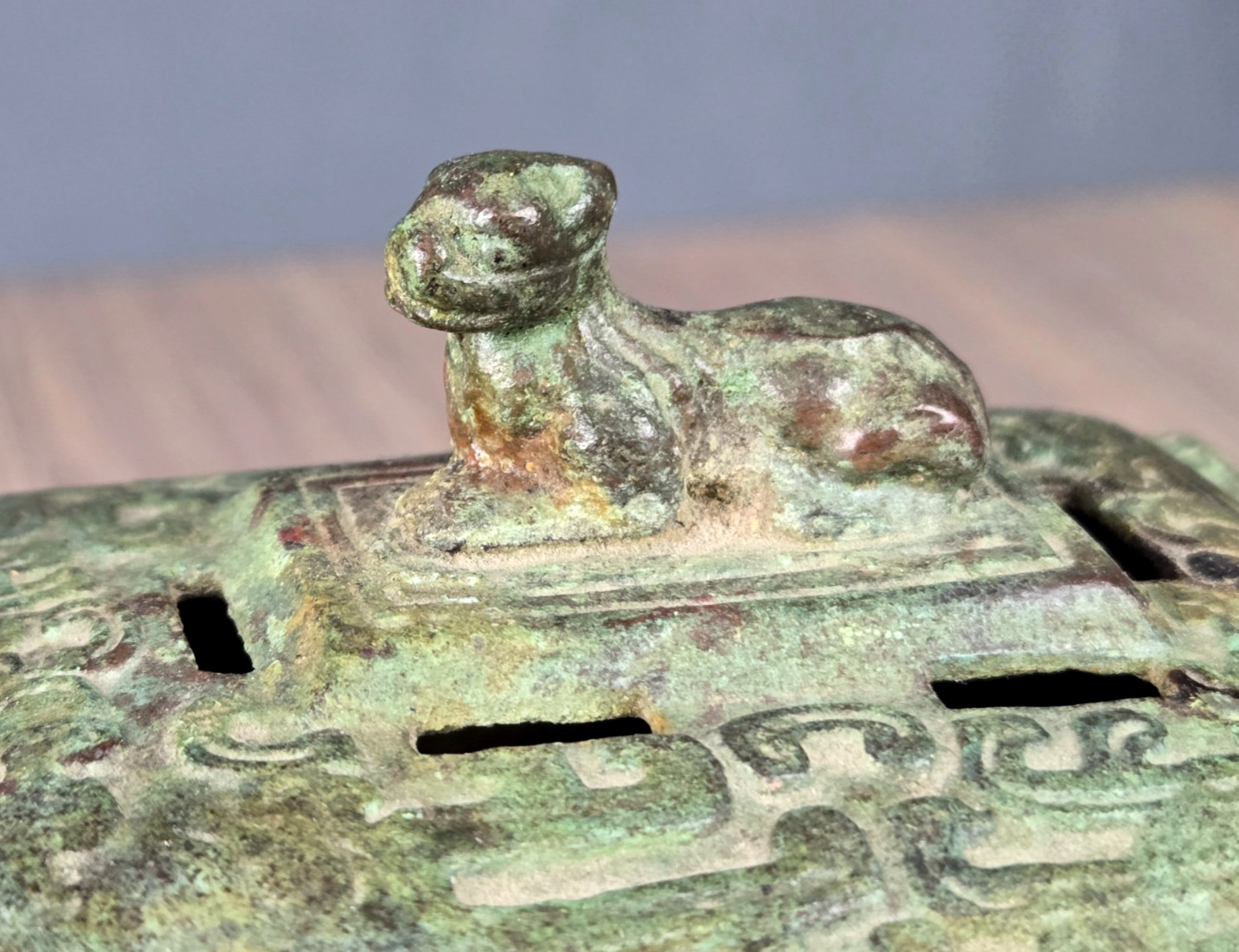 Chinese cast bronze Fang Ding Censer, dog lid, incense burner, signed