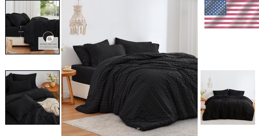 Seersucker Black Queen Comforter Set, 7-Piece Bedding Bundle