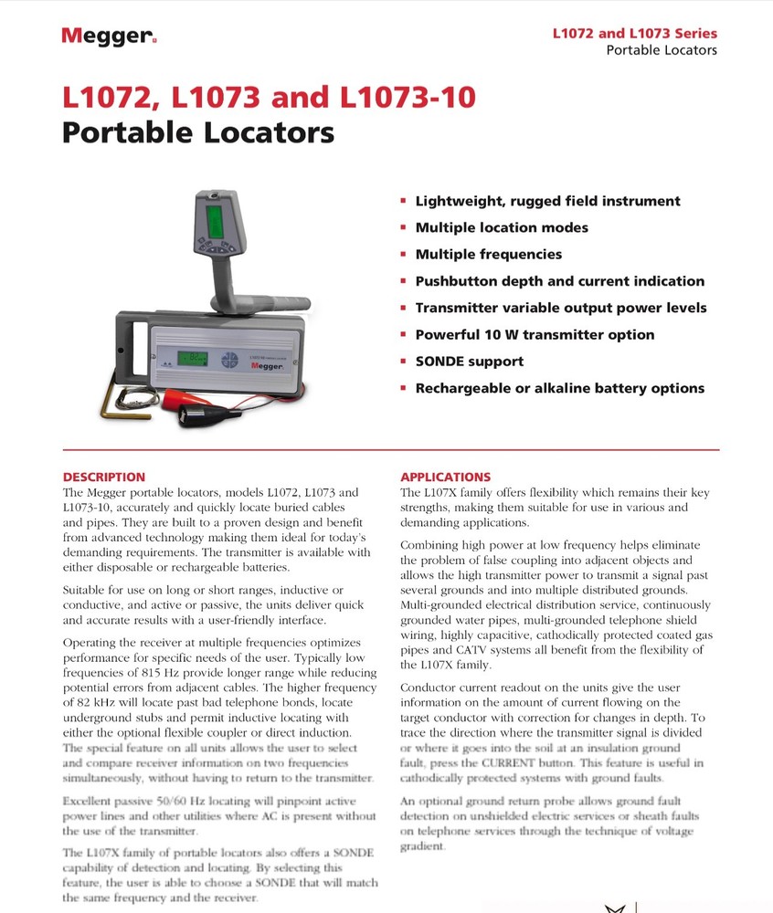 PORTABLE CABLE & PIPE LOCATOR, MEGGER L 1072